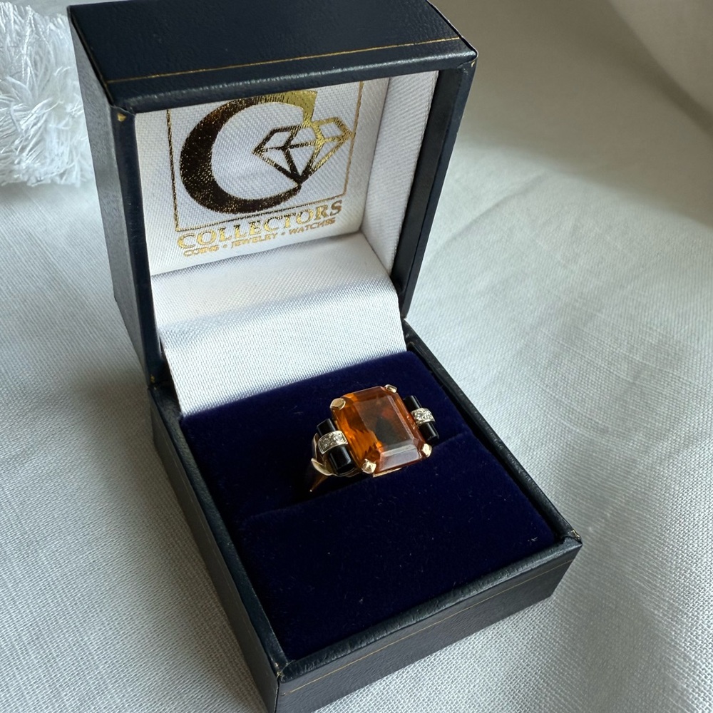 VINTAGE 4ct Citrine Onyx and Diamond Cocktail Ring in 14k Yellow Gold Size 6.5